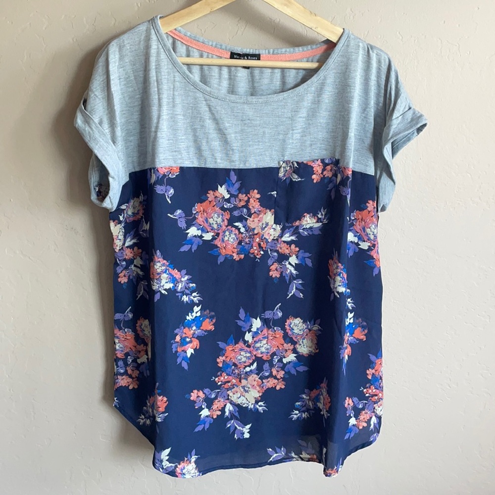 Floral Print Women's Top - Gray and Blue